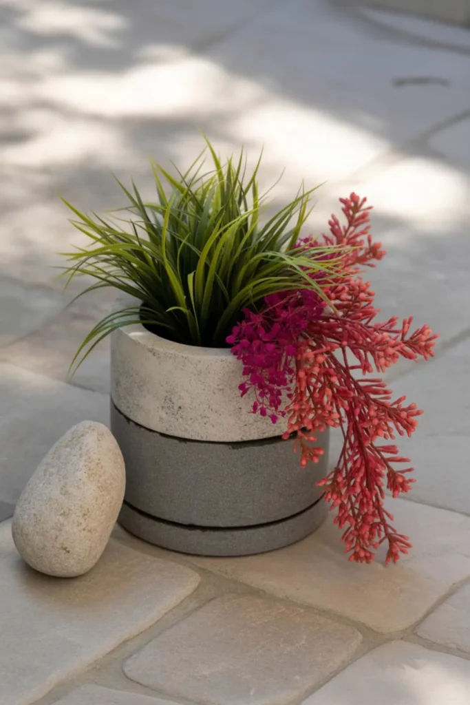 advanced design techniques applied to outdoor artificial flower pot with layered textures and modern asymmetry