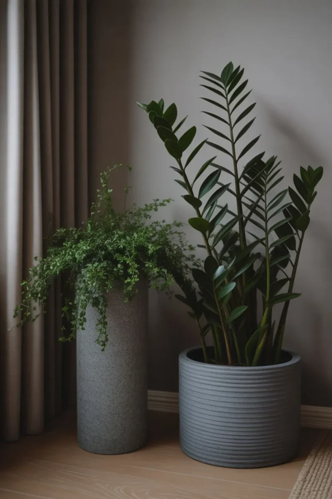 ZZ plant and cast iron plant in a shaded living room corner as low light house plants.