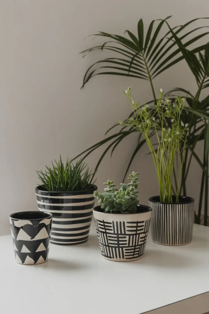 Cutest flower pot collection painted with black and white patterns.