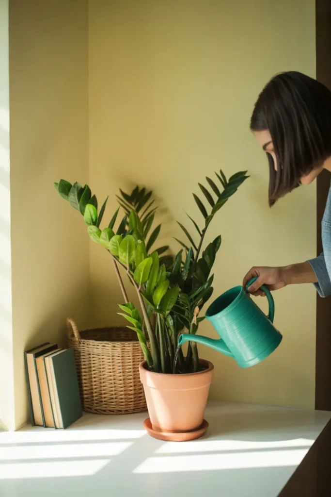 caring for low light house plants by watering zz plant in shaded indoor corner.