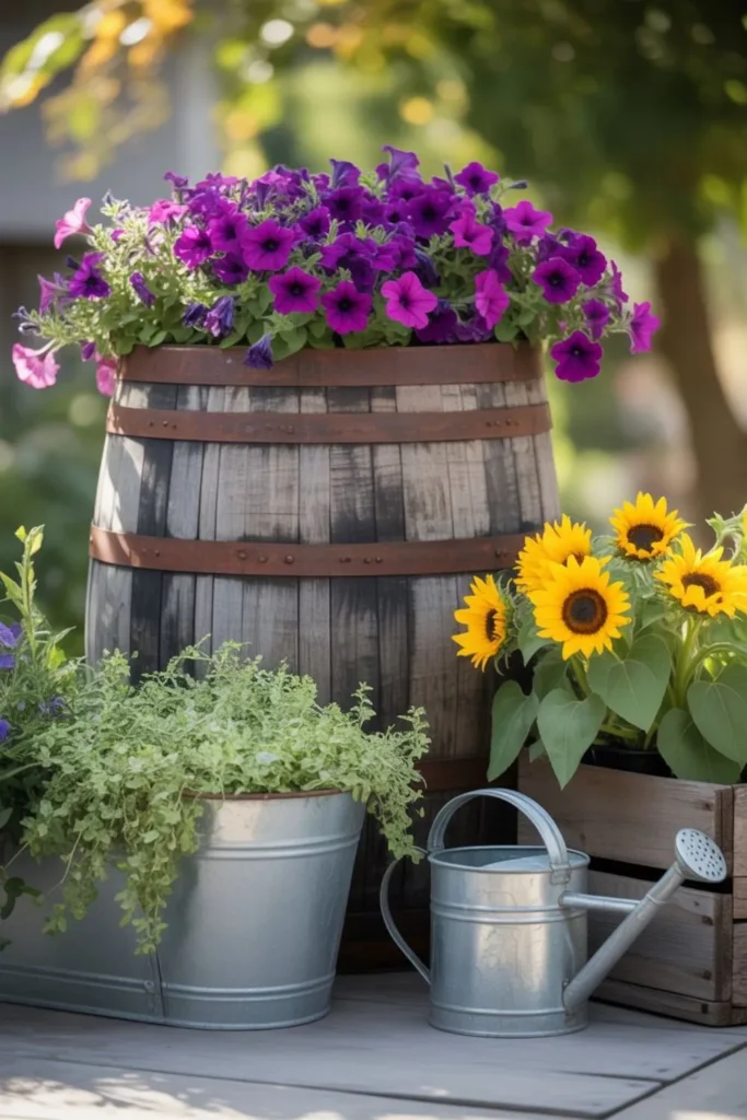 Creative large container ideas using upcycled barrels, troughs, and crates as planters.