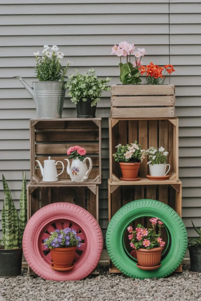 Planter Ideas: Stunning Container Displays in Every Season 3 Creative planter ideas using upcycled containers with colorful flowers.