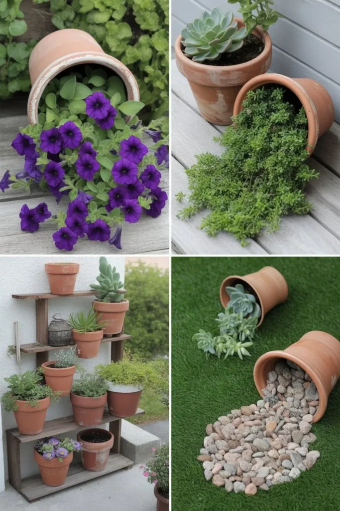 Creative spilled flower pot display ideas with colorful plants and artistic garden arrangements.