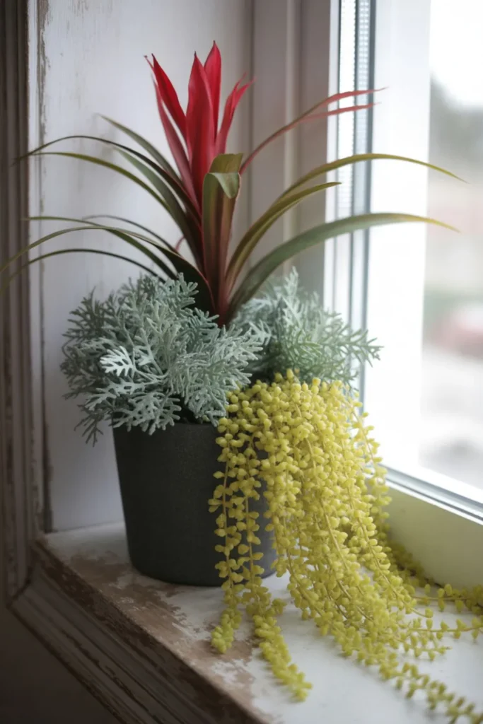 outdoor artificial flower pot arrangement designed with layered heights and balanced colors
