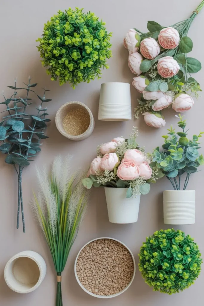 essential materials for outdoor artificial flower pot displays including UV-resistant flowers and weatherproof planters