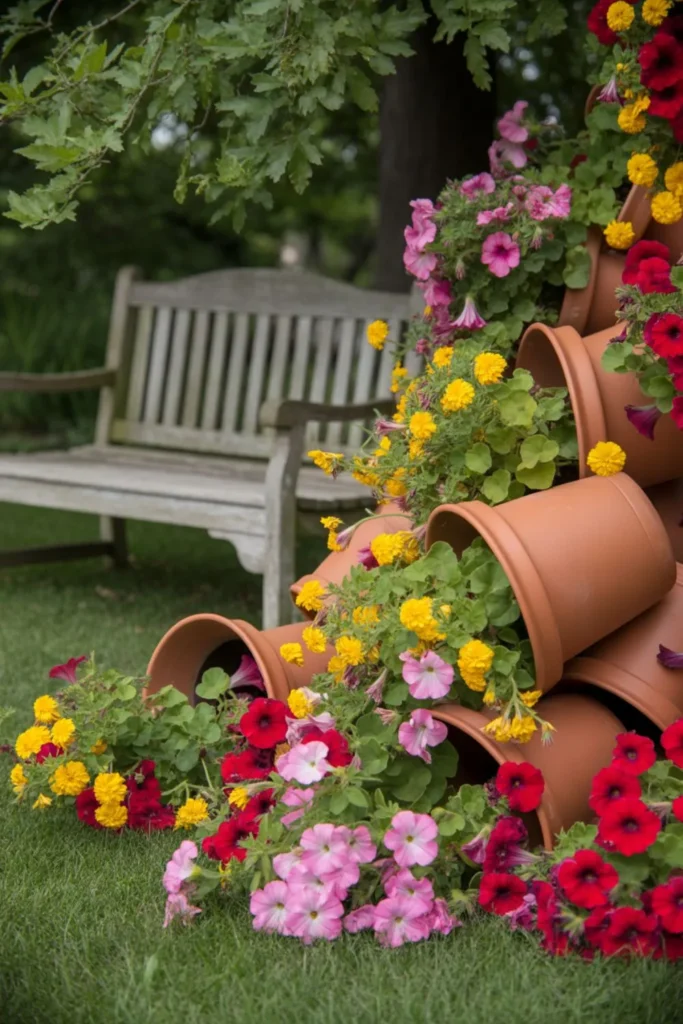 Eye-catching display with multiple spilled flower pots filled with colorful flowers.