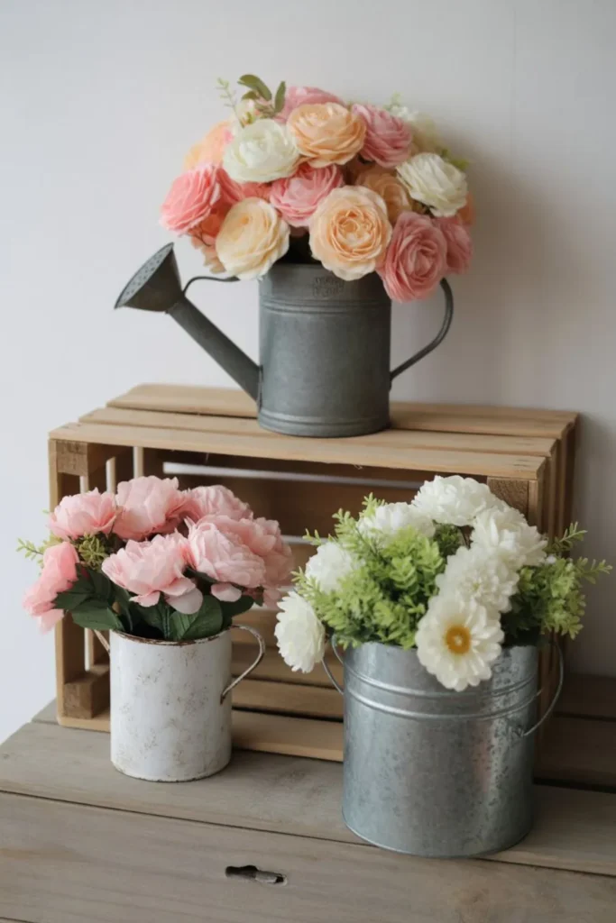 Creative container ideas for fake flower pot displays using vintage watering cans, wooden crates, and repurposed metal buckets.