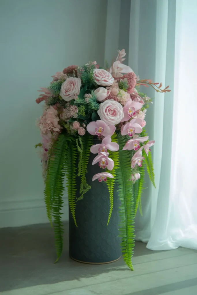 Advanced design techniques for fake flower pot ideas with layered heights, cascading greenery, and bold color contrasts in a tall planter.