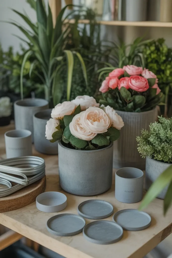 Essential materials for creating realistic fake flower pot ideas with UV-protected silk blooms, weatherproof planters, and foam fillers.