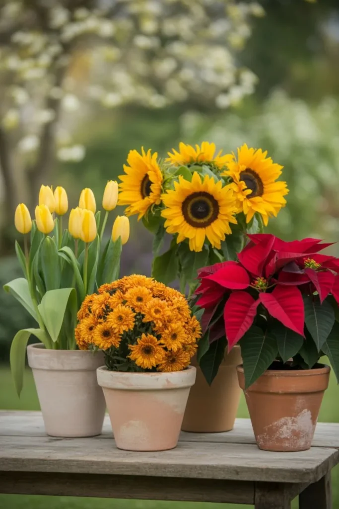 Seasonal styling of fake flower pot ideas with tulips in spring, sunflowers in summer, mums in autumn, and poinsettias in winter.