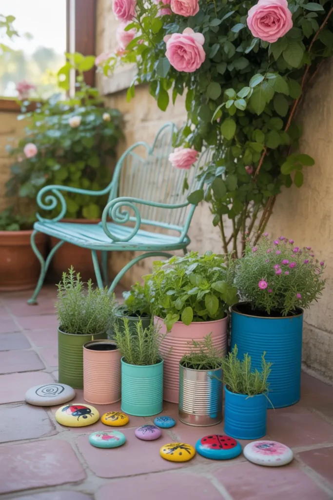diy garden with upcycled tin can planters, painted stones, and thrifted furniture – hippie garden ideas