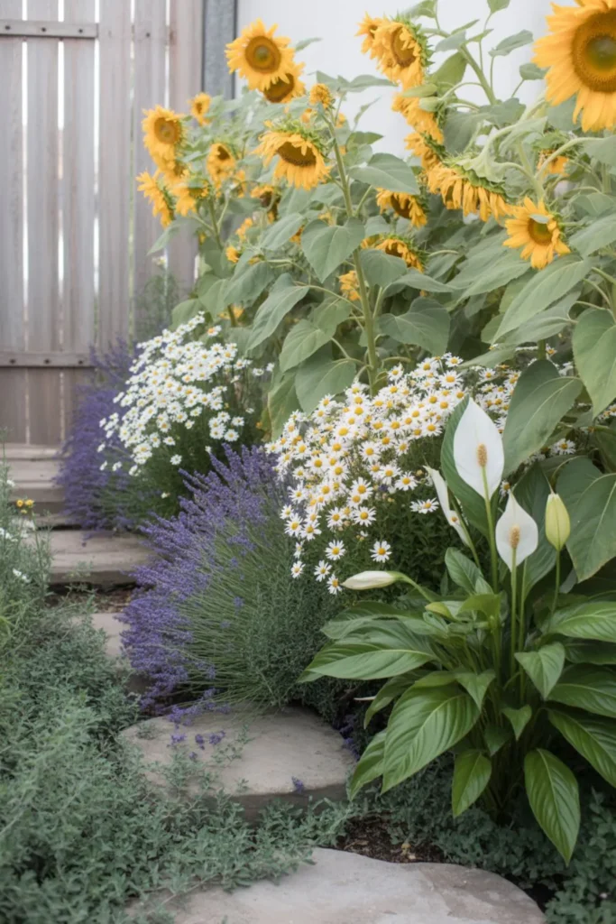 sunflowers, daisies, lavender, and peace lilies in a vibrant peace and love garden – hippie garden ideas
