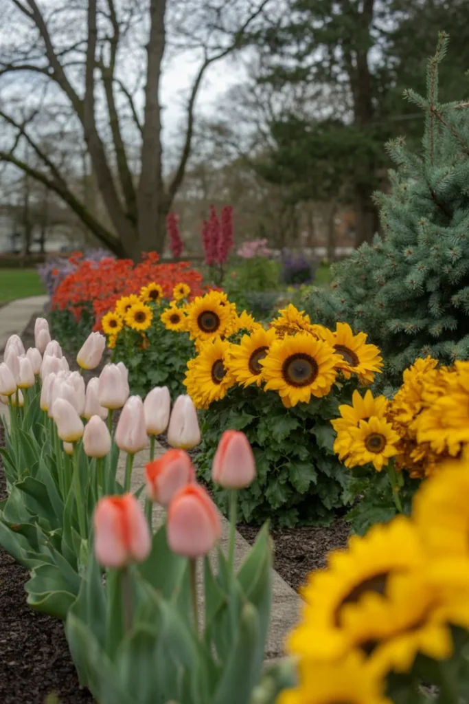 seasonal garden with tulips, sunflowers, mums, and evergreens for year-round hippie garden ideas