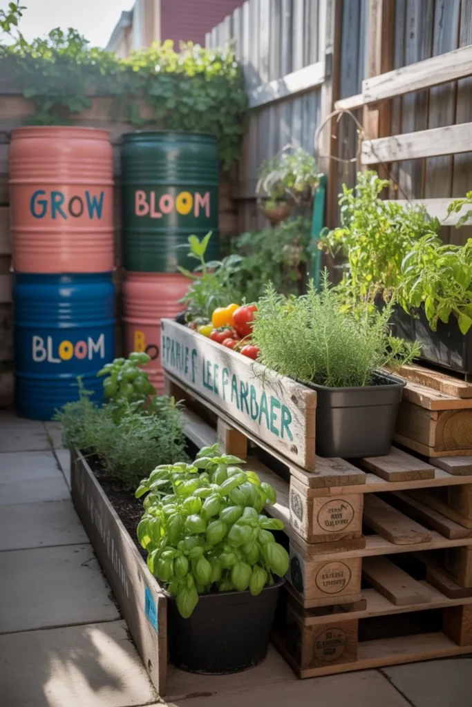 eco-friendly garden with pallet planters, rainwater barrels, and compost bins – hippie garden ideas