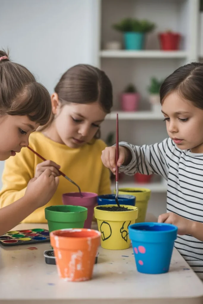 Kids painting the cutest flower pot designs with bright and playful colors.