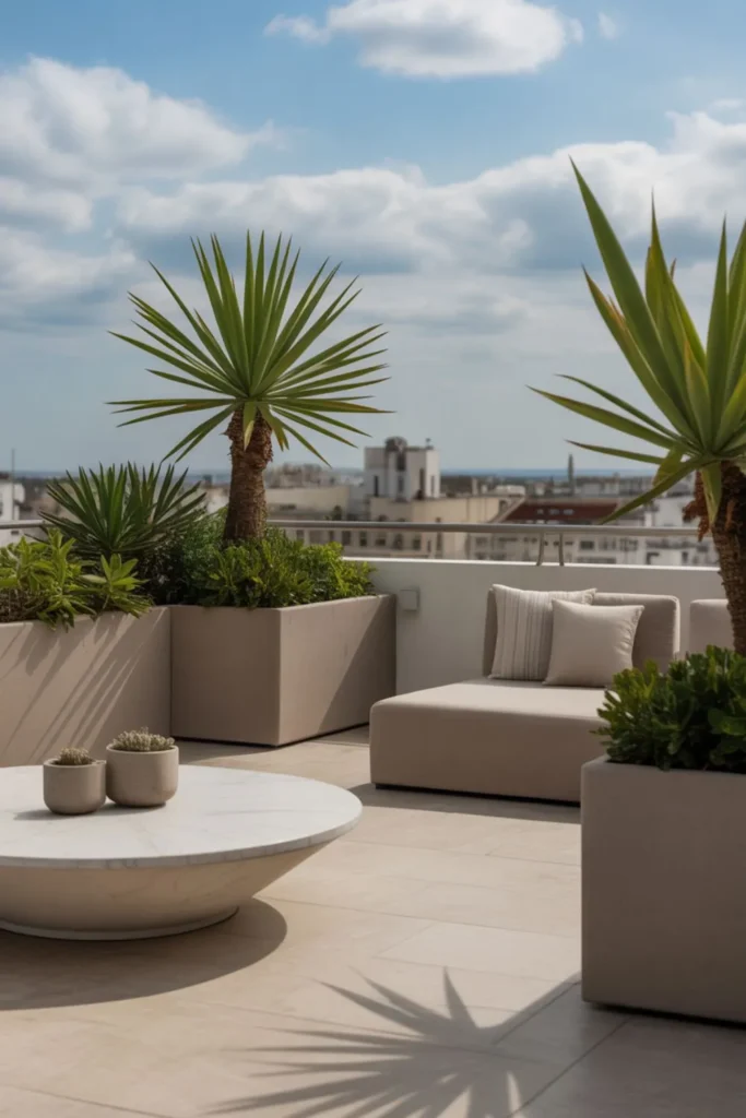 : Latest trends in large container design with modern geometric planters on a rooftop terrace.