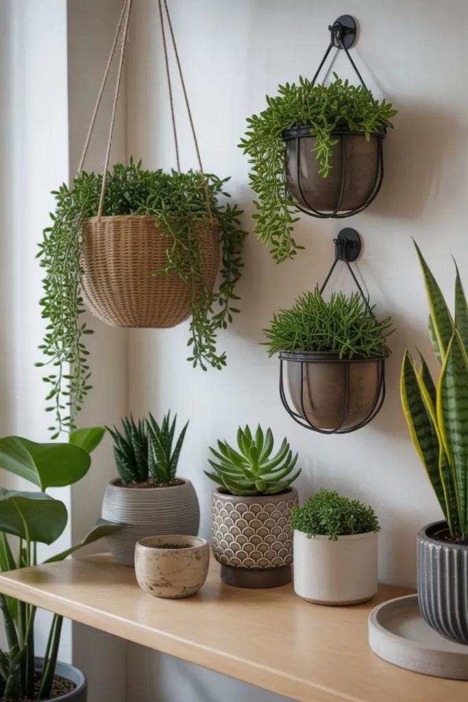 latest trends in low light house plant design with hanging planters and modern pots.