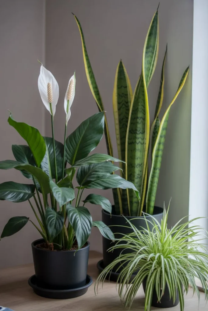 low light house plants for air purification including peace lily snake plant and spider plant.