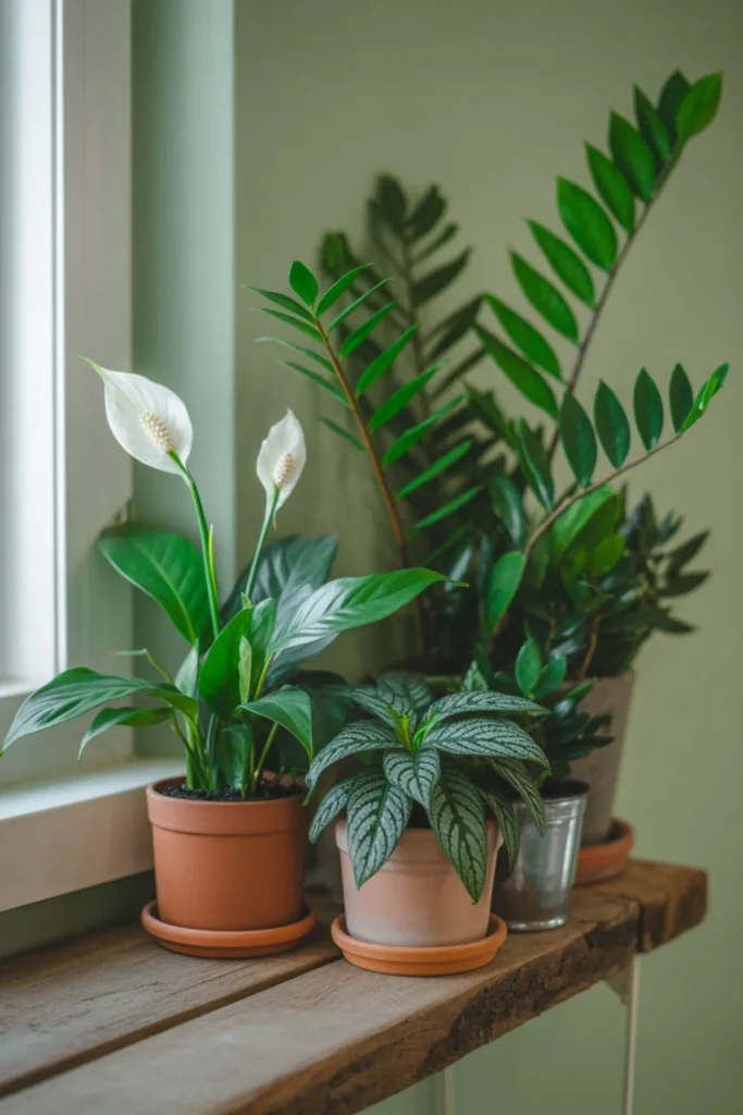 beginner-friendly low light house plants zz plant peace lily and cast iron plant on a shelf.