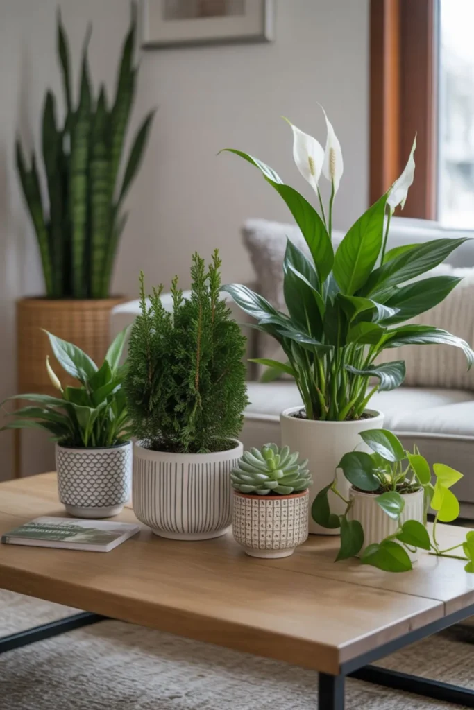 Coffee table with small decorative low light house plants including peace lily and Chinese evergreen.