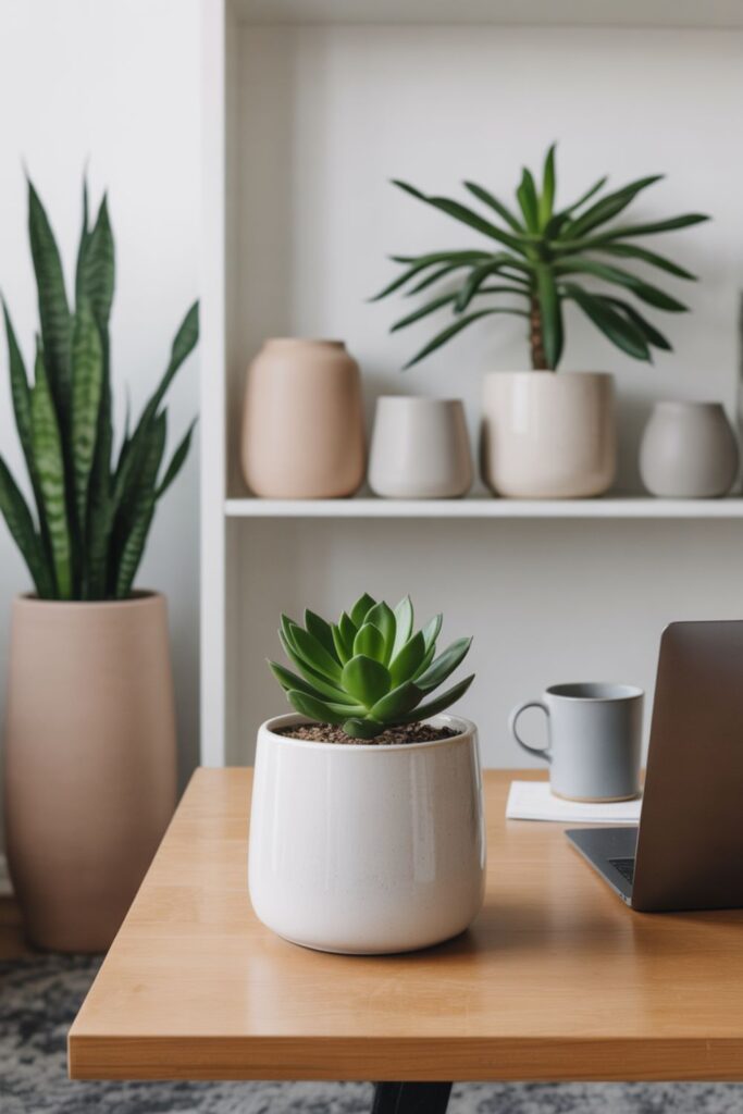 Single White Ceramic Pot

A sleek white ceramic pot with a green succulent on a wooden desk.

Set of Neutral Ceramic Pots

Group of beige and light gray pots in different sizes, styled on a modern shelf.

Scandinavian Style Décor

Minimalist living room with a large ceramic floor pot holding a fiddle-leaf fig tree.

Office/Workspace Setup

A ceramic pot with a snake plant on a desk beside a laptop and coffee mug.