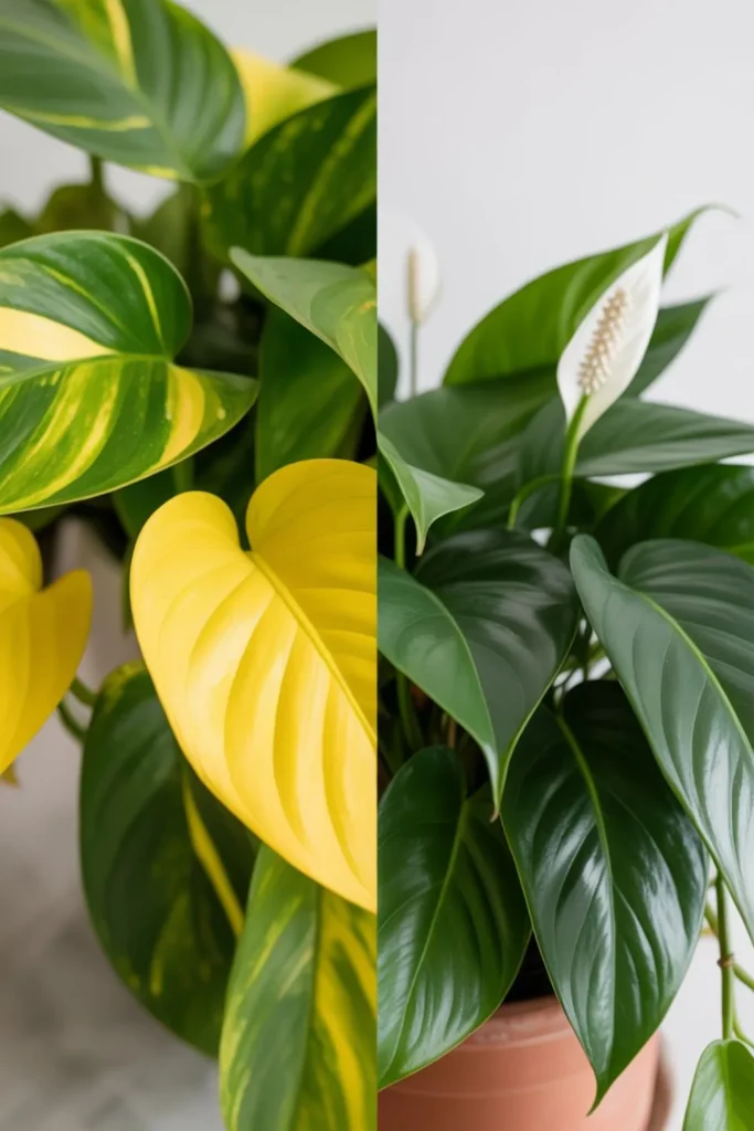 Overwatered houseplant leaves compared with healthy low light house plants in a living room.