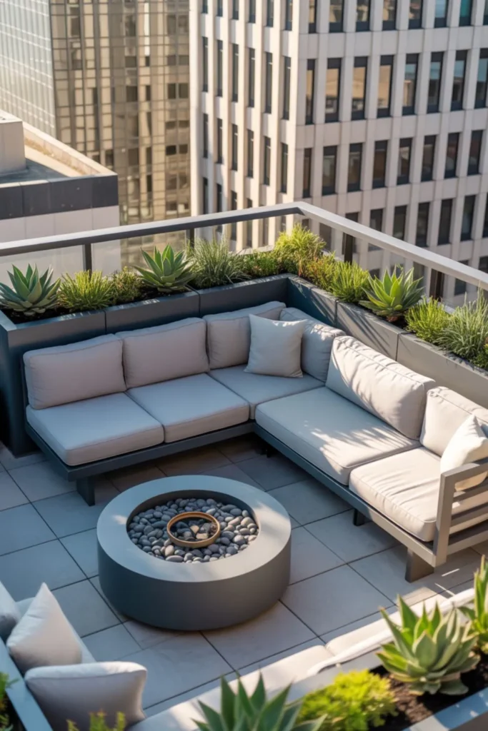 modern rooftop terrace layout with modular seating and space-saving design