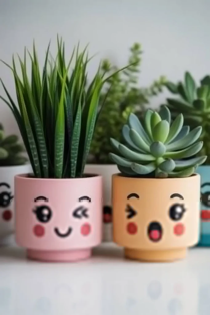 creative flower pot with painted faces and plants as hair
