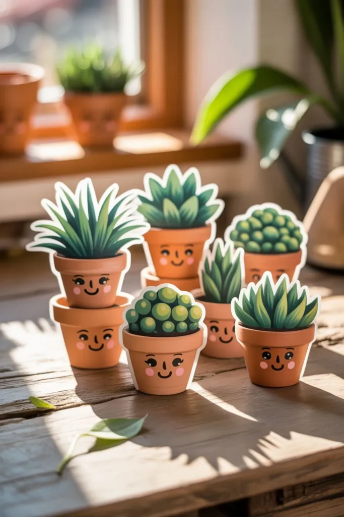 Cutest flower pot painted with smiling faces and plants styled as hair.