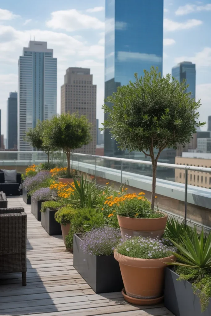 rooftop garden with smart plant selection and container arrangements