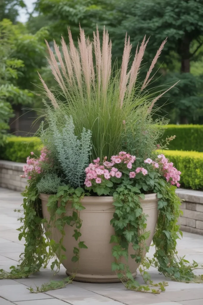 Plant selection strategies for large containers with tiered planting of grasses, flowers, and vines.
