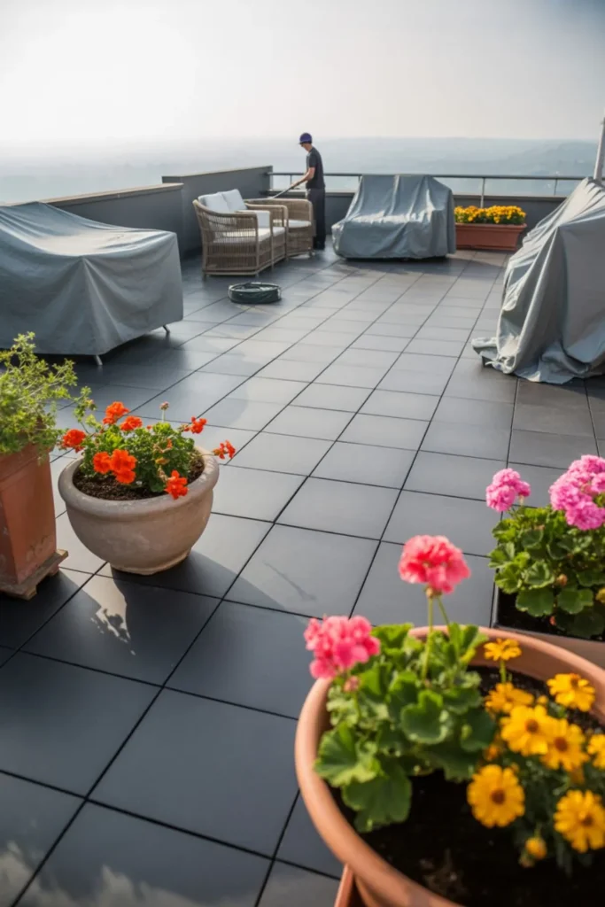 seasonal rooftop terrace maintenance with covered furniture and weatherproofing