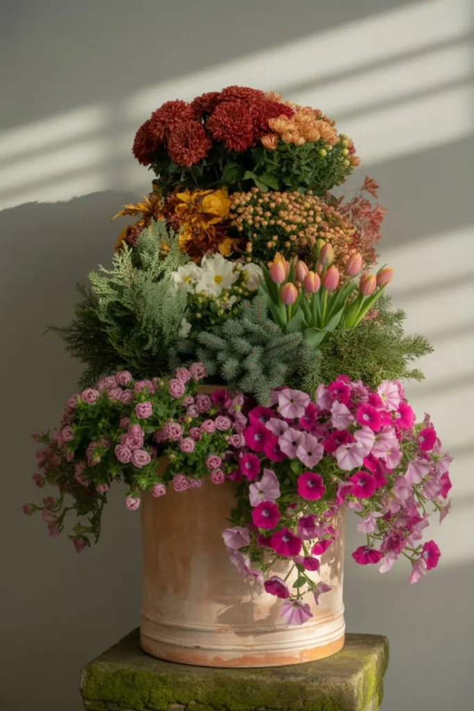 Seasonal styling and maintenance for large flower pot ideas with spring, summer, autumn, and winter plants.