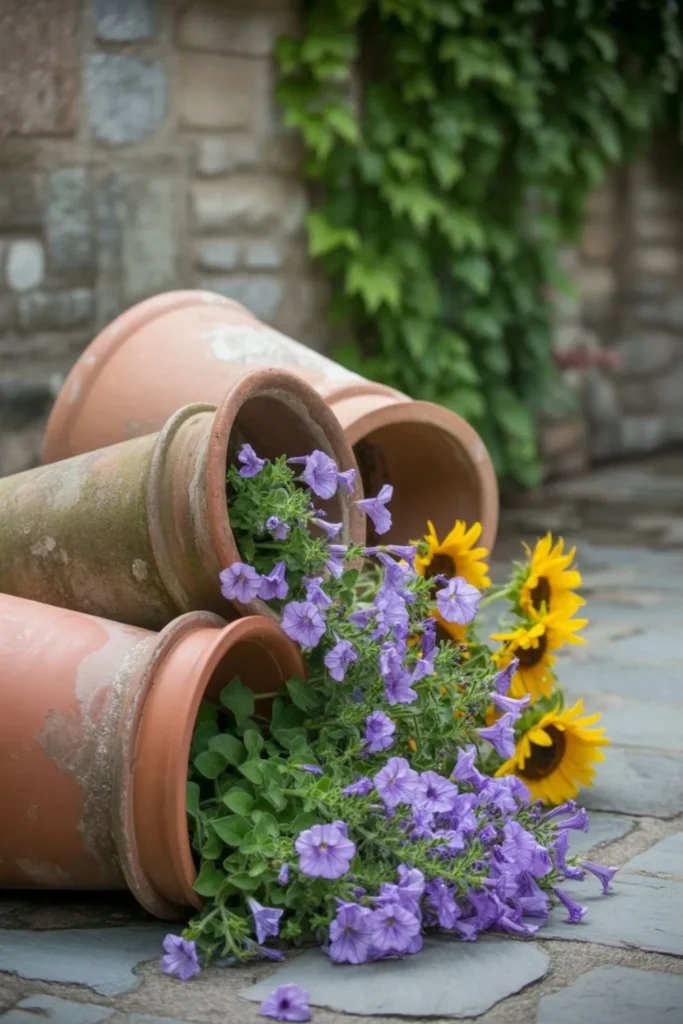 Spilled terracotta pots with flowers cascading into a natural garden landscape.
