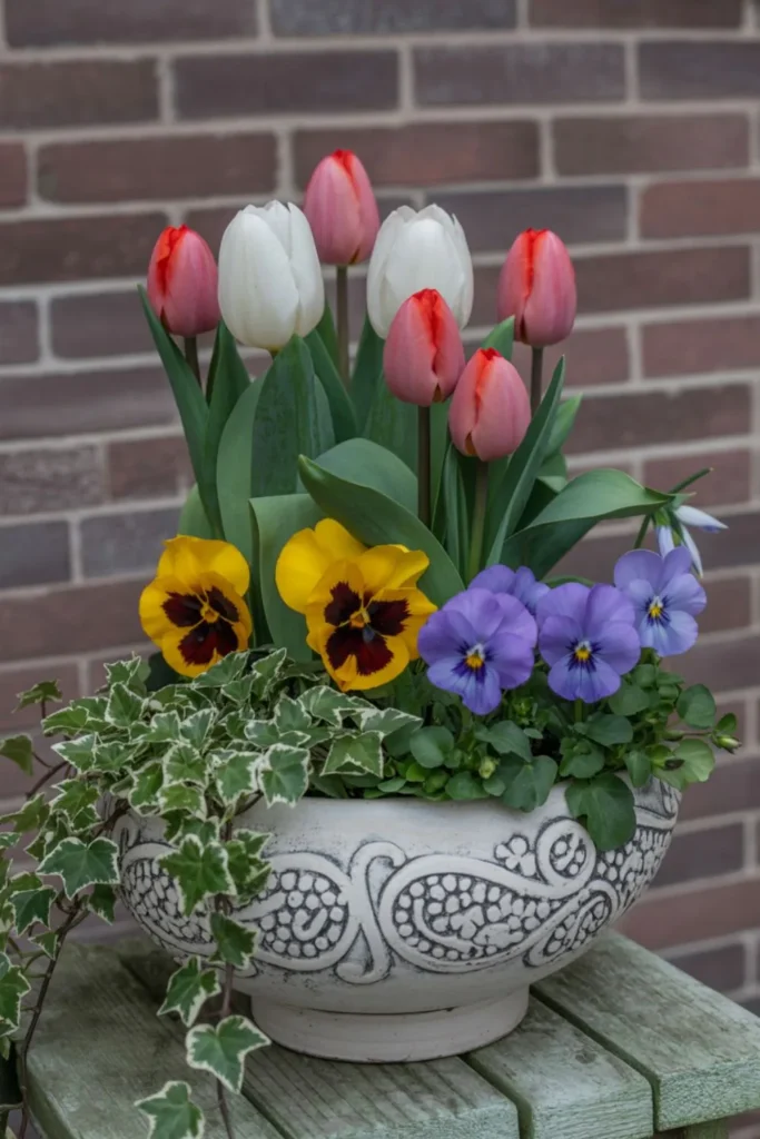 Planter Ideas: Stunning Container Displays in Every Season 4 Spring planter ideas with tulips, pansies, and ivy in a decorative container.
