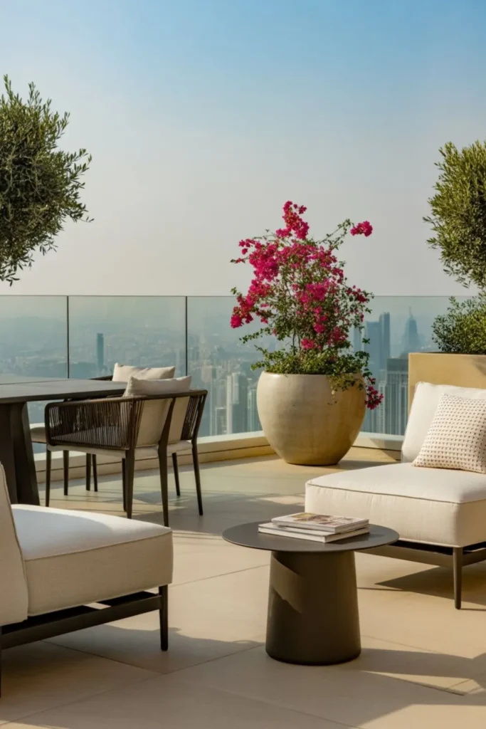 Luxury rooftop terrace furniture with loungers and dining table showcasing stunning terrace ideas.