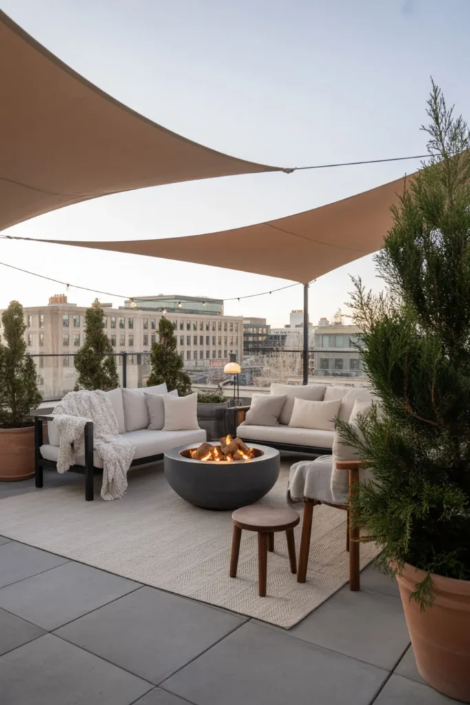 Stunning terrace ideas with fire pit, blankets, and canopy for year-round enjoyment.

