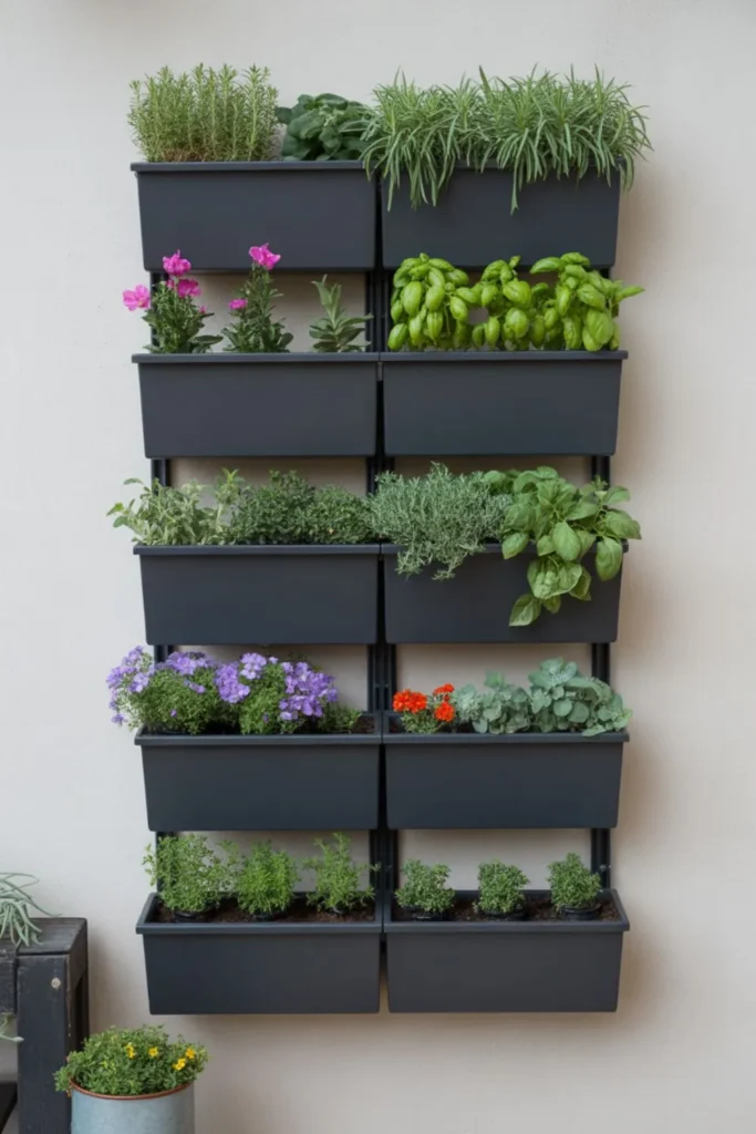 vertical growing systems for terrace garden ideas with stacked planters