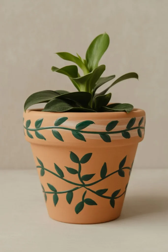 Cutest flower pot painted with green vine and leaf designs.