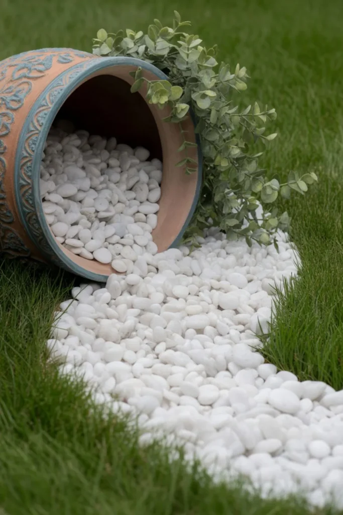 White pebble spilled pot creating a modern decorative garden feature.