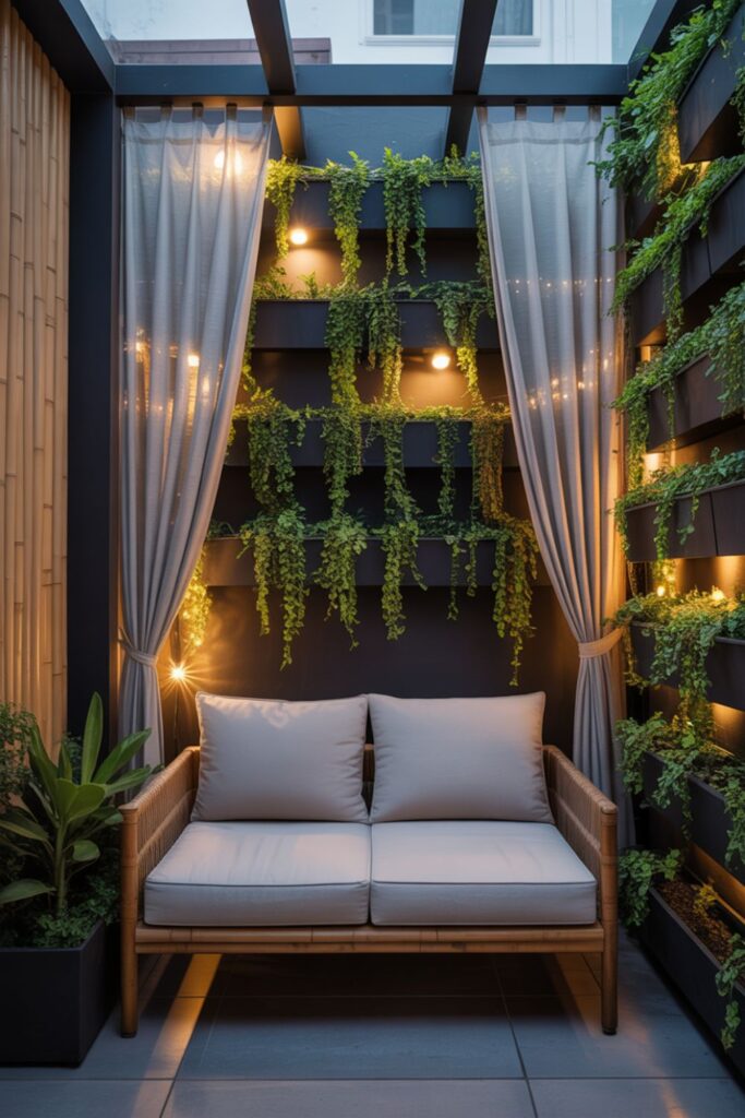 A small modern patio styled for privacy without clutter, featuring:

Vertical slat privacy panels or bamboo screens along the edges

A lush vertical garden wall or hanging planters with trailing greenery

Outdoor curtains in soft neutral tones (beige, white, or gray) tied back gracefully

Compact modern seating — such as a low-profile loveseat or bistro set

Soft evening lighting (string lights or sconces) to enhance intimacy

Visual Style:

Clean, minimalist look with warm, inviting ambiance

Mix of natural and modern materials — wood, metal, and greenery

Balanced lighting that emphasizes coziness and modern design

Text Overlay (optional for Pinterest):
🌿 Add Privacy to Small Modern Patios
 Smart Solutions That Save Space