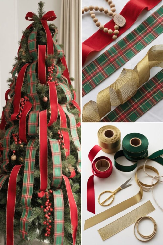 Classic Red and Green Tree with Ribbons & Garlands

A Christmas tree featuring wide red velvet ribbons cascading down, intertwined with green plaid or gold mesh garlands.

Soft lighting highlighting texture and depth — perfect for a cozy, festive feel.

Layered Ribbon Design Close-Up

A close-up shot showing how to layer red satin ribbon with green velvet or gold mesh ribbon for a luxurious, dimensional look.

Rustic Farmhouse Garland Style

A tree decorated with burlap or plaid ribbons, cranberry garlands, and wooden bead strands for a charming country vibe.

Modern Metallic Accents

A red and green tree featuring sleek metallic ribbons (gold, silver, or champagne) paired with simple greenery garlands for a chic, modern finish.

DIY-Inspired Flat Lay

A flat lay of ribbon rolls (red velvet, green satin, plaid, and gold mesh) beside ornaments, scissors, and twine — great for a Pinterest-friendly or tutorial-style post.

Elegant Luxury Tree Design

A tree wrapped in layered ribbons with large bows and coordinated garlands, styled in a high-end interior with gold lighting.