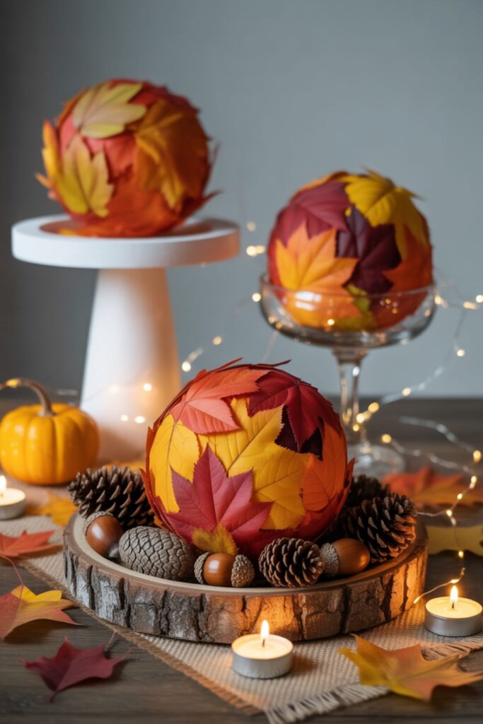 29+Fall Centerpiece Ideas with Leaves 4 Leaf-Covered Foam Sphere Centerpiece