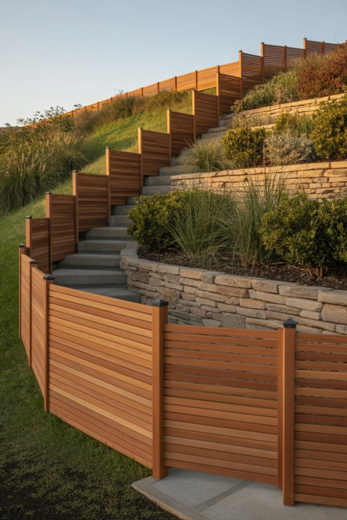 27+ Stylish Modern Fence designs Ideas to Transform Your Property 4 Dealing with Slopes and Uneven Terrain