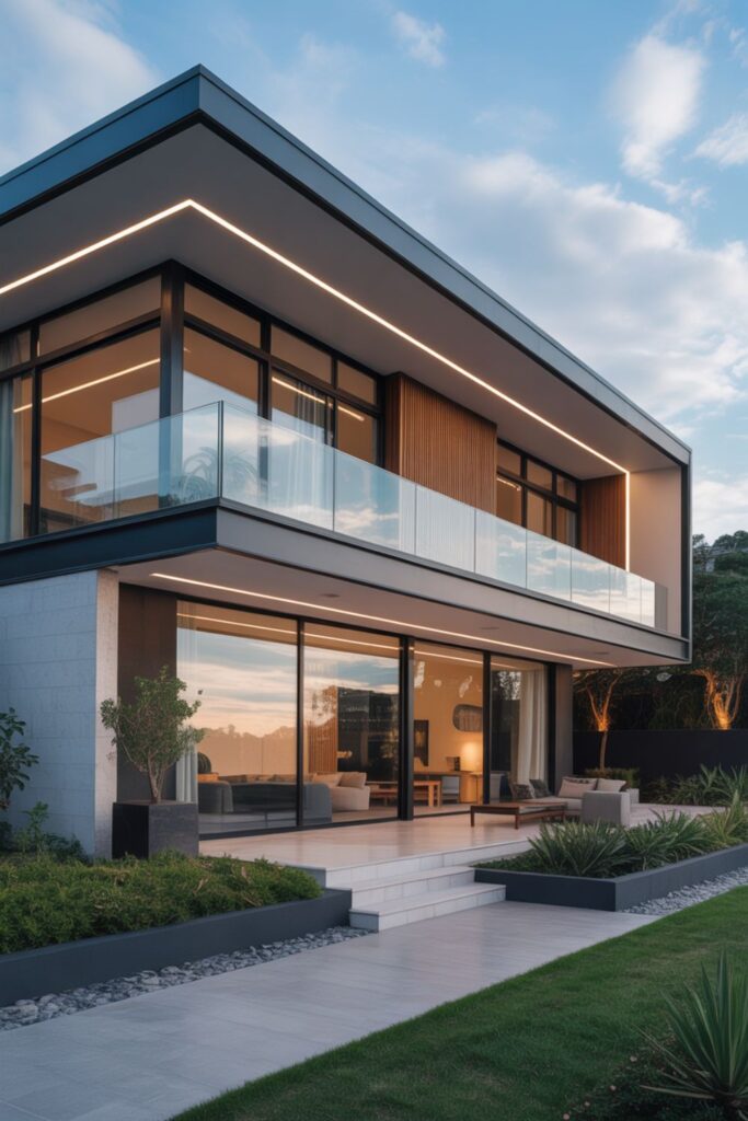 A modern front house elevation close-up that highlights:

Flat roof with a sleek finish

Combination of materials (glass, wood, concrete, stone)

Large windows and open balcony design

Smart LED outdoor lighting in the facade

Minimalist landscaping with potted plants or green walls
