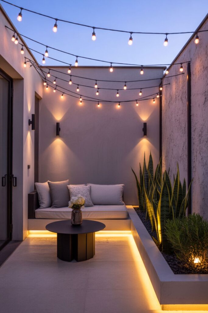 A small modern patio at dusk glowing with layered, cozy lighting — featuring:

String lights draped overhead in straight, geometric lines

LED strip lighting under benches or planters for a floating effect

Wall-mounted sconces in black metal or brushed steel for modern flair

Lanterns and candles grouped on a coffee table or deck steps for warmth

Subtle greenery and neutral furniture to keep the look clean and airy

Visual Style:

Evening or twilight lighting to highlight ambiance

Warm tones (soft amber or golden glow) against sleek modern materials

Cozy yet sophisticated atmosphere — perfect for Pinterest and blog visuals

Text Overlay (optional for Pinterest):
💡 Lighting Ideas for Small Modern Patios
 Create Warmth, Depth & Modern Ambiance