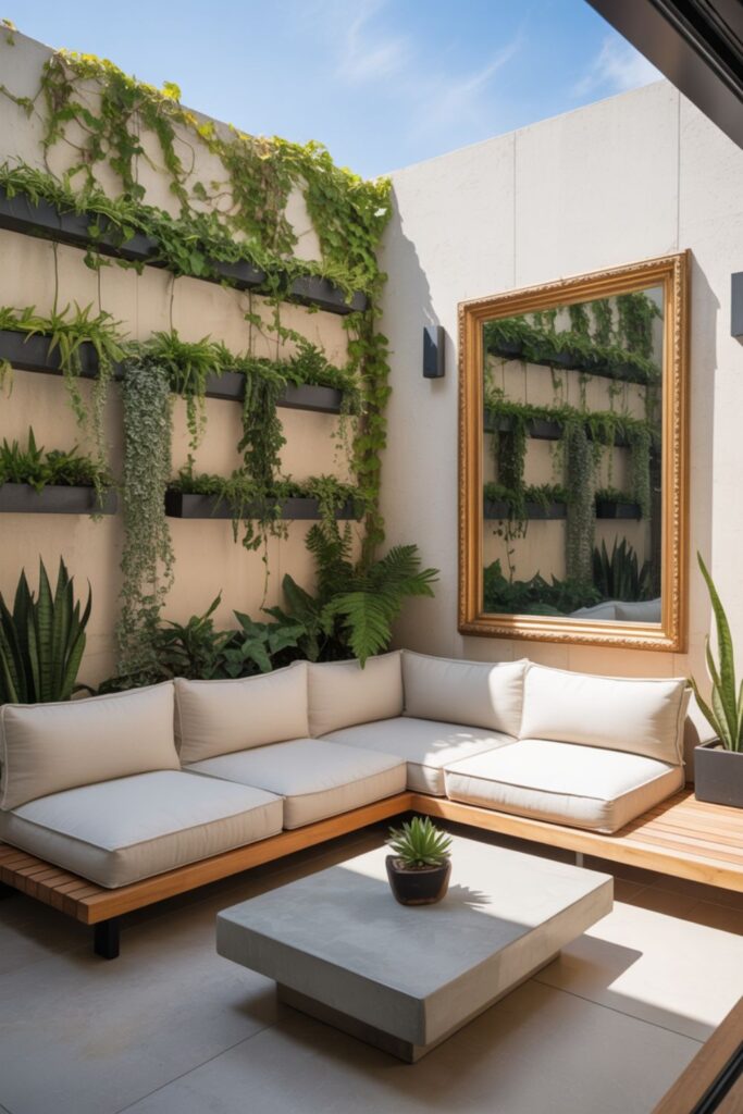 A small modern patio that visually feels open and spacious, featuring:

Light neutral colors (white, beige, light gray) on walls and flooring

Compact modular seating arranged along corners for flow

Mirrors or reflective décor strategically placed to bounce light

Vertical planters or wall gardens to draw the eye upward

Minimalist accessories and clear sightlines that create depth

Visual Style:

Bright natural daylight for a fresh, airy look

Clean lines and uncluttered composition emphasizing space

Mix of textures (wood, concrete, greenery) to maintain warmth without clutter

Text Overlay (optional for Pinterest):
🌿 How to Make Small Modern Patios Feel Larger
Smart Design Tricks That Expand Your Space