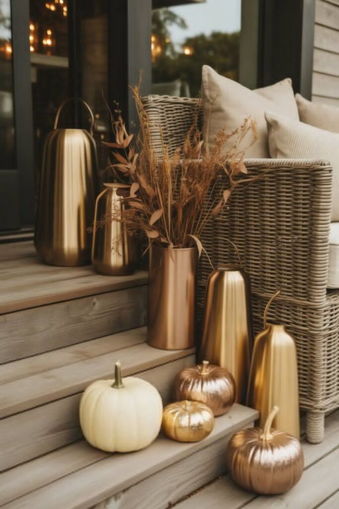 Chic & Modern Fall Porch Decorating Ideas for Your Entry 6 Mix Metallic Accents Sparingly