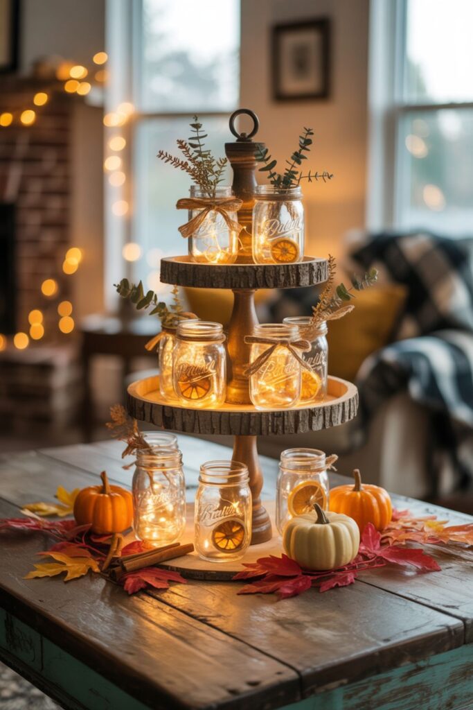 31 Fall Centerpiece Ideas with Mason Jars Transform Your Autumn Table 3 Tiered Mason Jar Stand Display