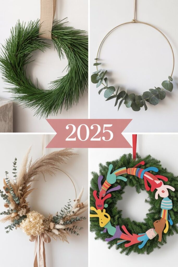 Christmas Wreath Ideas 2025 | Latest Trends & DIY Holiday Inspiration 2 Modern Christmas wreaths collage showcasing 2025 trends
Style: Pinterest-style layout or editorial banner
Elements: Eco-friendly wreaths, metallic hoop designs, dried flower wreaths, and colorful playful wreaths
Mood: Trendy, festive, inspirational
Use: Perfect for a blog header or article thumbnail